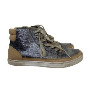 Ugg Gradie Glitter Hi-Top Leather Sneakers in Gunmetal Silver Size 8 Cyber Glam